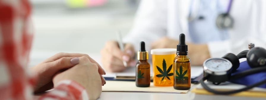 Close-up of pill and dropper bottles with cannabis leaf symbol, representing medical marijuana products, sitting on a table in between a patient and a doctor in a white coat with a stethoscope